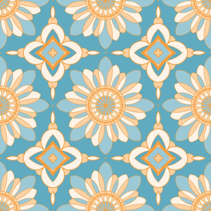 Ethnic ornamental seamless pattern in blue and orange colors