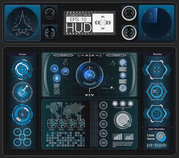 Ett stort paket med hud-element, grafik, displayer, analoga och digitala instrument, radarskärmar.