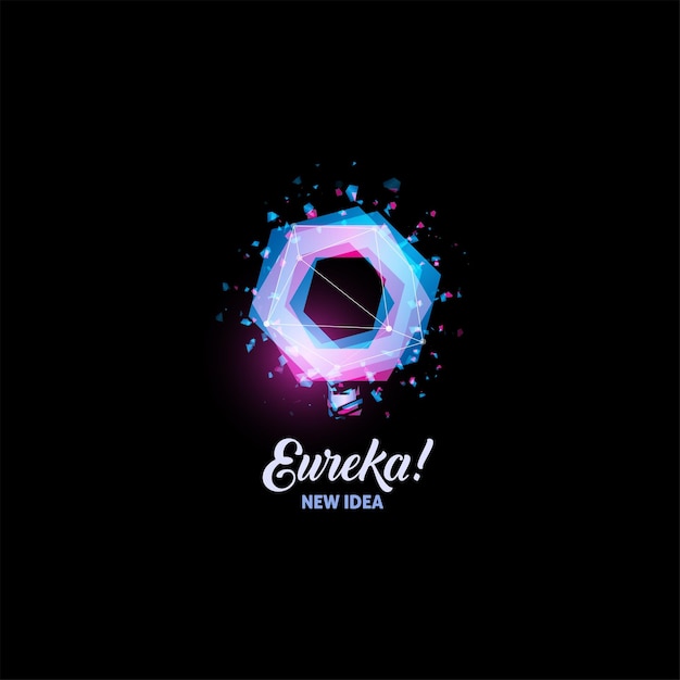 Eureka new idea light bulb abstract vector icon Isolated pink and blue color polygons shape stylized lamp with text Digital innovation technology vector illustration
