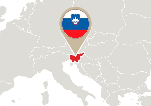 Europe with highlighted Slovenia map and flag