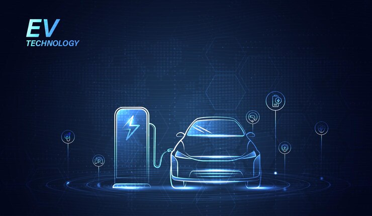 Vektör ev electric car connect to charging station on blue background eco power ev charger alternative energy rechargeable battery auto industry future technology vector