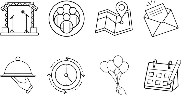 Vektör event planning icons stage guests location rsvp