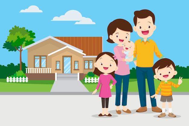 Evinin arka planında mutlu aile