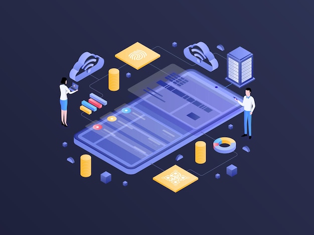 ewallet isometric dark gradient illustration suitable for mobile app website banner diagrams infographics and other graphic assets