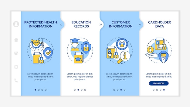 Examples of sensitive data blue and white onboarding template Safe privacy Responsive mobile website with linear concept icons Web page walkthrough 4 step screens LatoBold Regular fonts used
