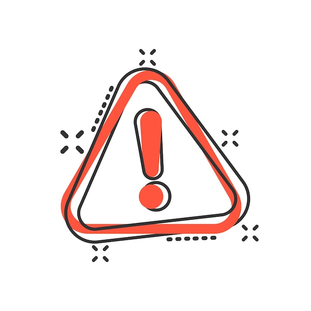 Exclamation mark icon in comic style Danger alarm vector cartoon illustration on white isolated background Caution risk business concept splash effect