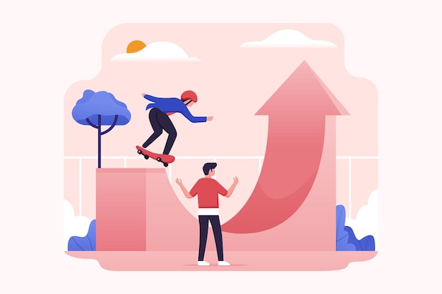 Executive on skateboard with rising growth chart