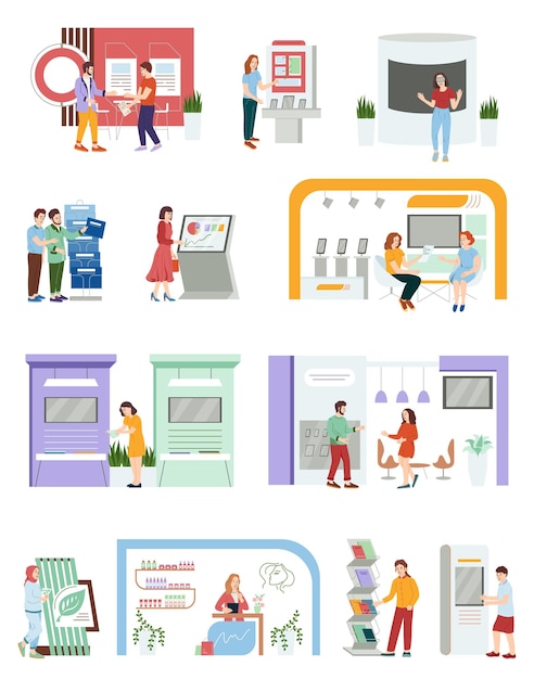 Exhibition with visitors flat set of isolated compositions with front view of booth stands with people vector illustration