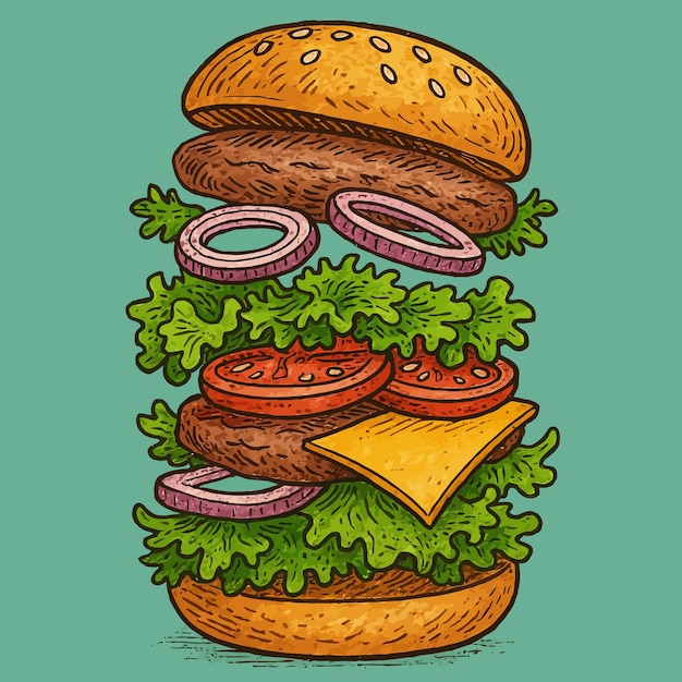 Exploding Burger with Lettuce Tomato Onion and Cheese Illustration
