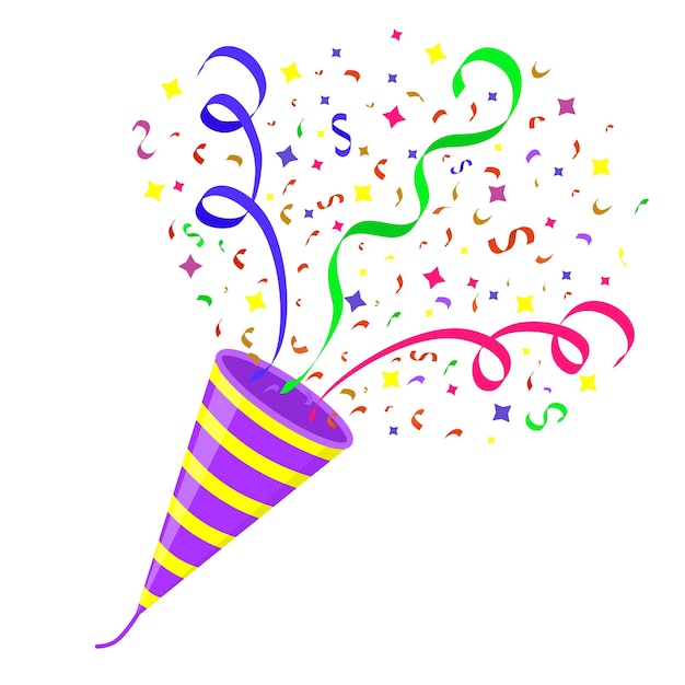 Exploding party popper with confetti Isolated vector illustration