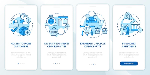 Export business advantages blue onboarding mobile app screen