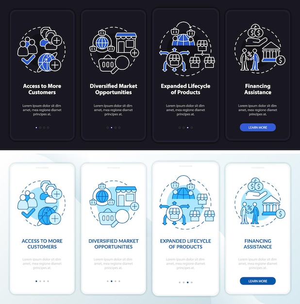 Export business advantages night day mode onboarding mobile app screen Walkthrough 4 steps graphic instructions pages with linear concepts UI UX GUI template Myriad ProBold Regular fonts used