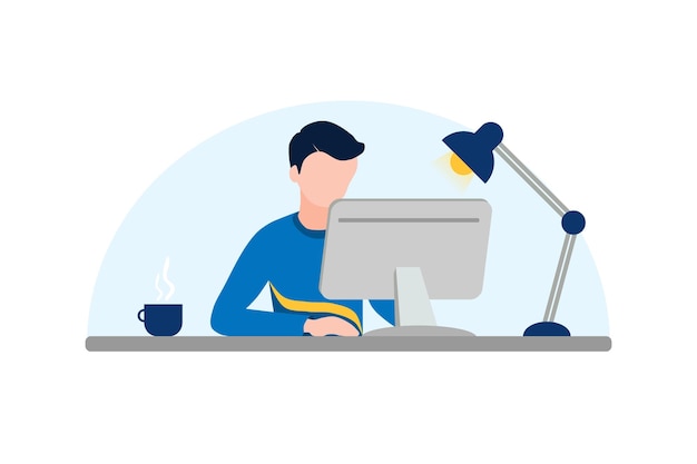 Faceless man working with desktop PC Working at home vector flat style illustration