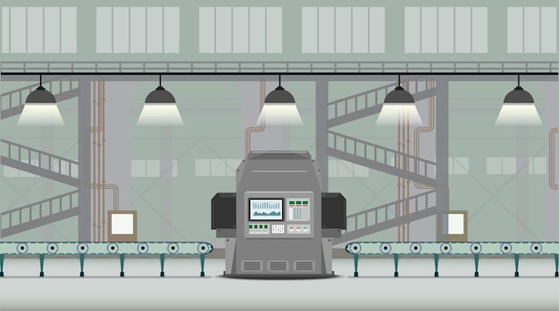 Factory interior with machine and conveyor belt flat design vector illustration