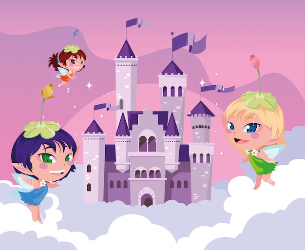 fairies with castle fairytale in the sky with clouds