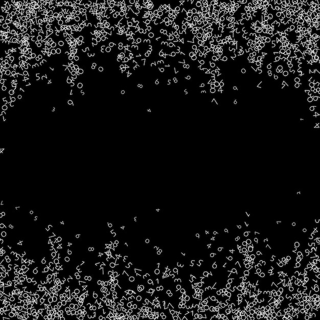 Falling numbers, big data concept. Binary white chaotic flying digits. Amusing futuristic banner on black background. Digital vector illustration with falling numbers.
