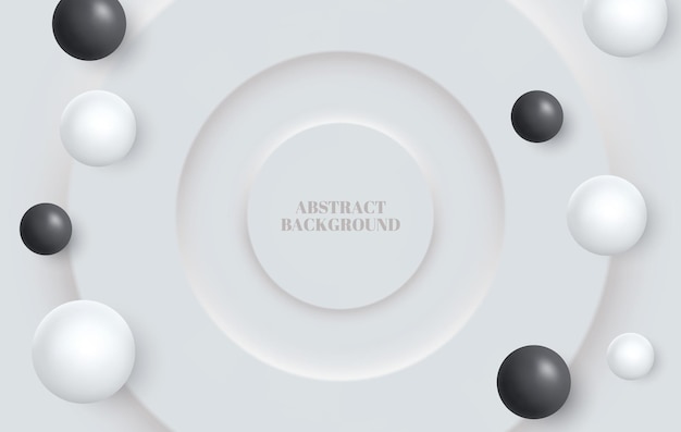 Falling white and black soft spheres. Abstract background with 3d geometric shapes. Modern cover design. Advertising banner template.