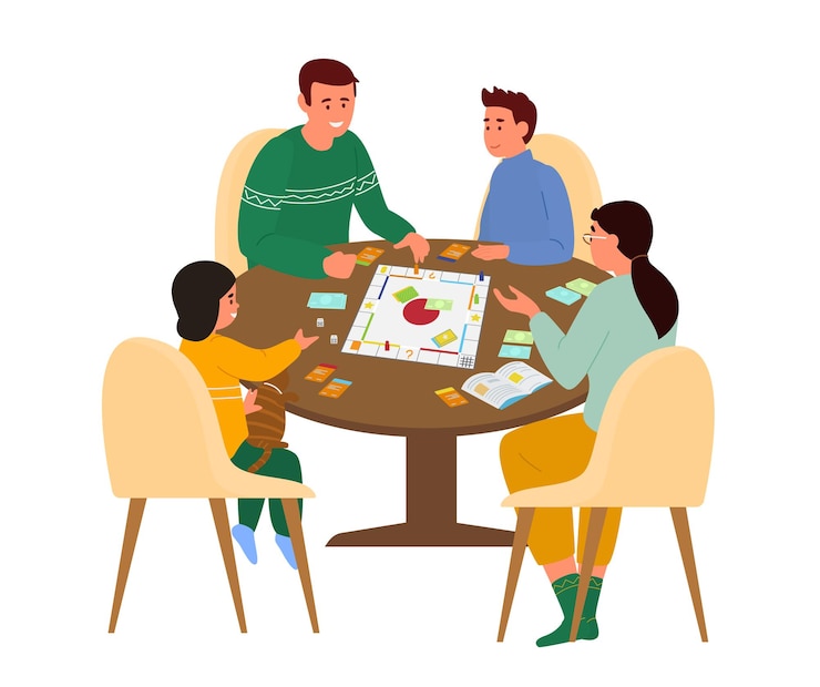 Vektör family playing board game at table at home.