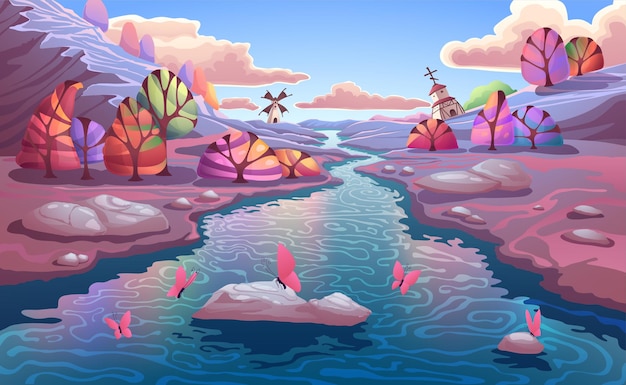 Fantasy autumn landscape with beautiful colorful forest, blue river with stones, mounters and clear blue sky with clouds, nature illustration