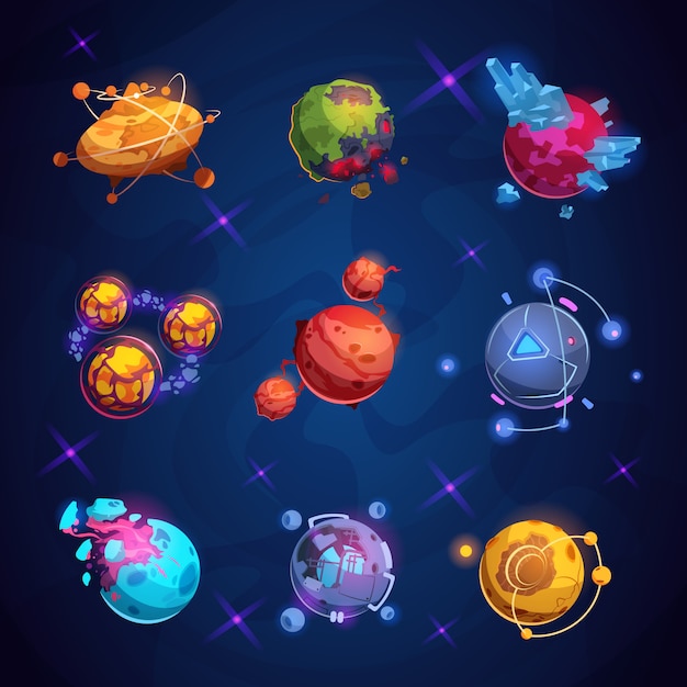 Fantasy cartoon planet. Fantastic alien planets. Space world game elements