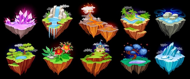 Fantasy islands Gaming floating island nature flying magical lifeless ground with volcano lava river rock stone or ice game map land planet platform neoteric vector illustration