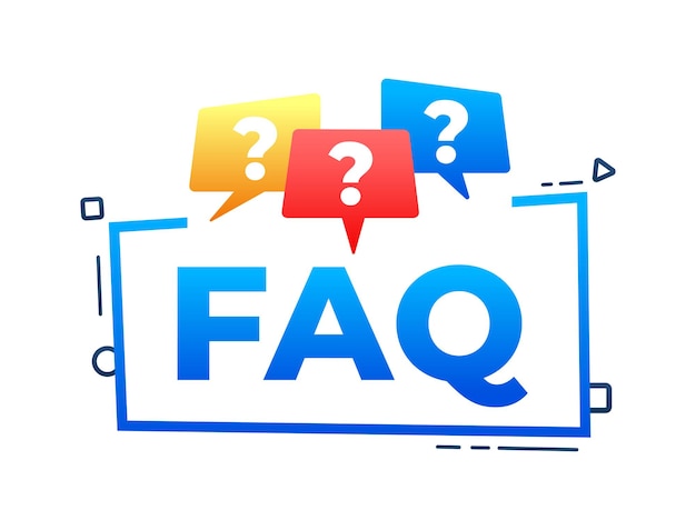 Faq concept with question marks in speech bubbles over a banner with the text inside