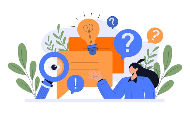 FAQ koncept illustration folk der kigger gennem forstørrelsesglas på afhøringspunkt der søger løsninger nyttige oplysninger kundesupport løser problem Vektorillustration