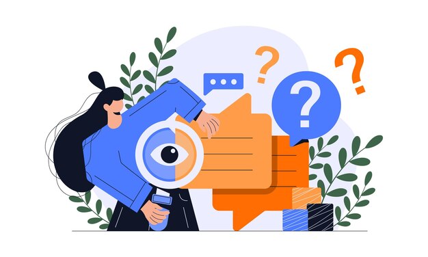 FAQ koncept illustration folk der ser gennem forstørrelsesglas på forhørspunkt og spørgsmålstegn søger løsninger nyttig information kundesupport løser problem Vektor illustration