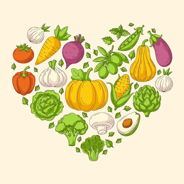 Farm fresh vegetables and greens heart shape form Veggies colorful vector line icons isolated