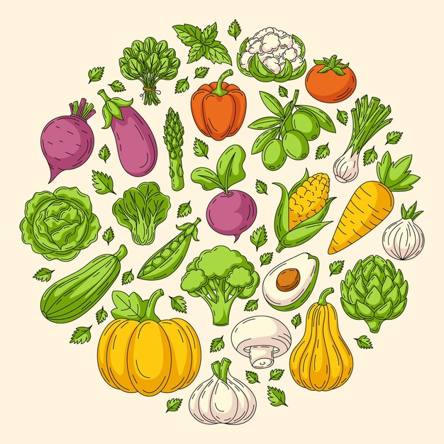 Farm fresh vegetables round shape form Veggies vector colorful line icons on isolated background