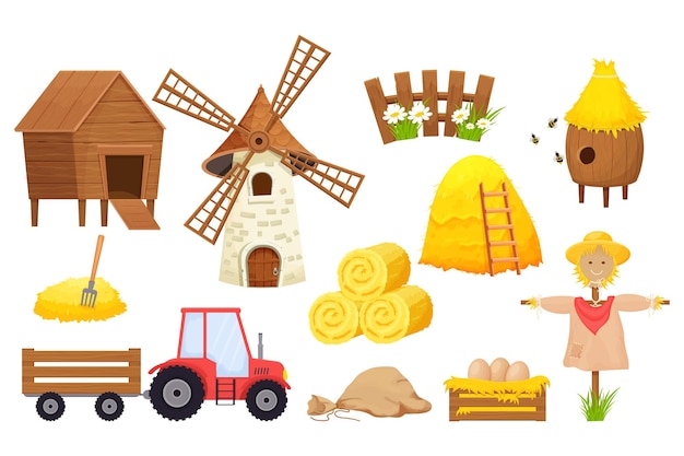 Farm set with bale of hay scarecrow windmill tractor beehive in cartoon style
