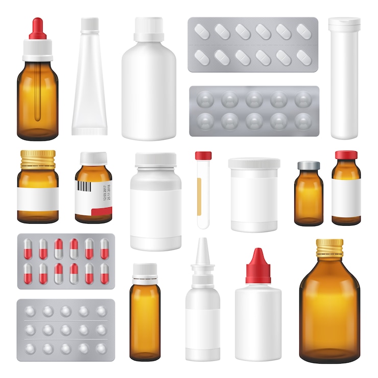 Vektör farmasötik şişeler paketler haplar gerçekçi set