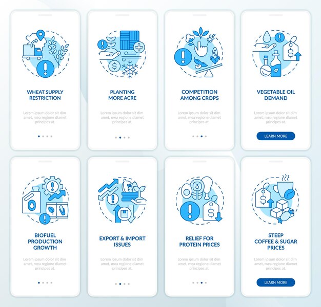 Farming challenges blue onboarding mobile app screen set