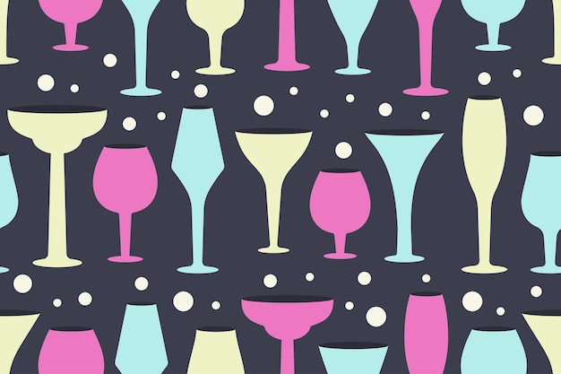 Fashion Glasses seamless pattern Silhouettes of Wineglasses alcohol Drinks cocktails Vector