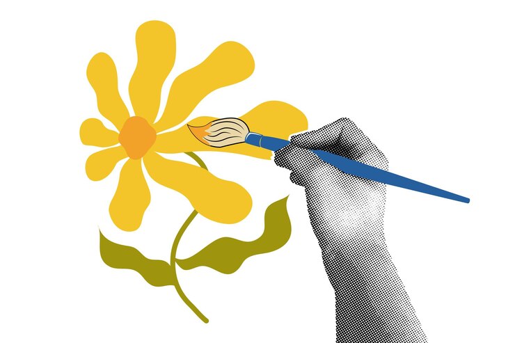 Vektör fashionable halftone collage hand with a brush painting a flower in fashionable style