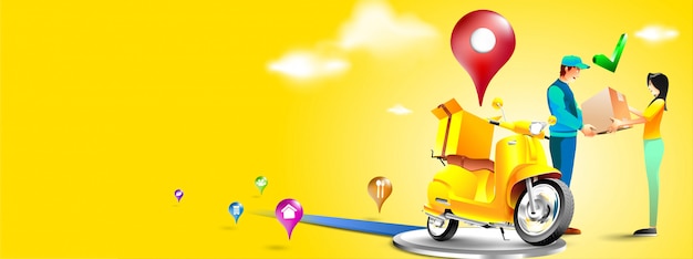 Fast delivery package by scooter on mobile phone. Order package in E-commerce by app. Courier send package by motorcycle. Three dimensional concept. Vector illustration