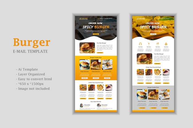 Fast food restaurant email newsletter template. Minimal food and burger UI or rollup banner design