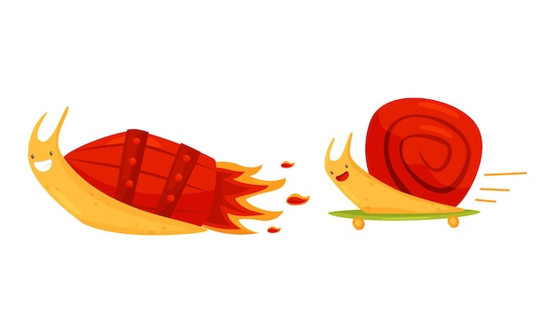 Fast Snail with Spiral Shell Having Rocket Turbine or Speed Booster Vector Set