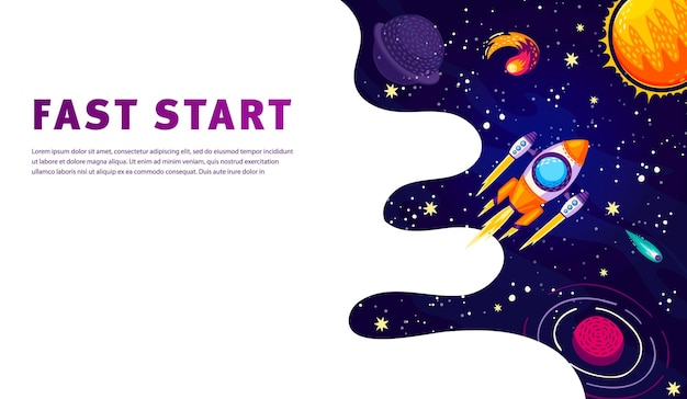 Fast start business concept poster Space rocket in starry galaxy Startup launch website background business project web page vector layout with cartoon spaceship flying in outerspace space planets