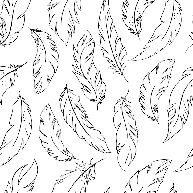 Feather of birds Black and white feather silhouette hand drawn Vector illustration