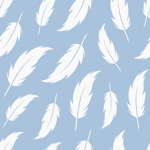 Feathers vector seamless pattern White quills flying on blue background