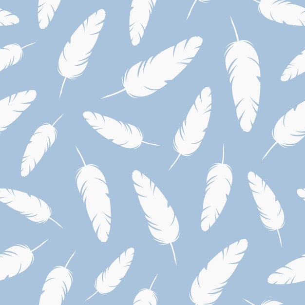 Feathers vector seamless pattern White quills flying on blue background