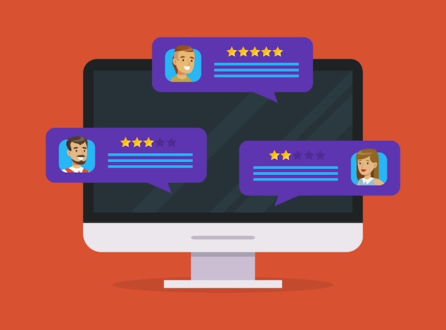 feedback customer review page on computer monitor review rating speech bubbles vector illustration