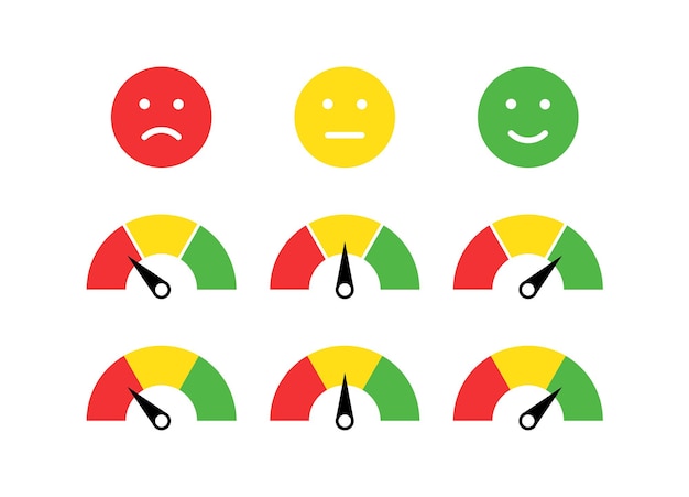 Feedback emoji rating with satisfaction meter scale and emoticons level or tachometer emojis set