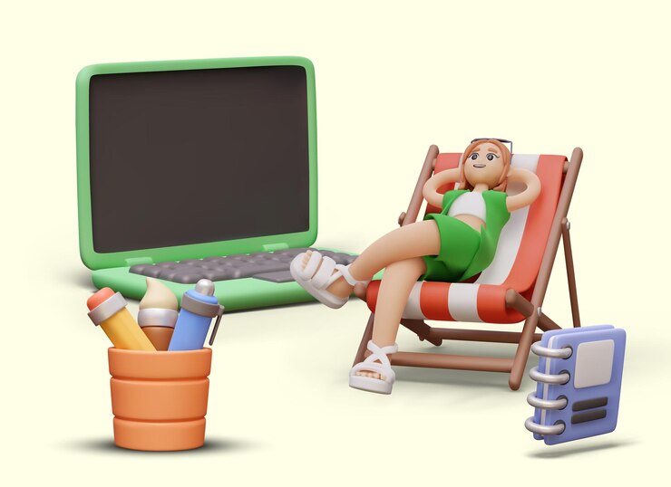 Vektör female character rests in folding lounge near office gadgets