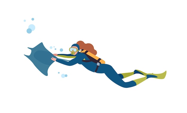 Female diver flat vector illustration. Woman swimming with stingray, exploring underwater world with mask and aqualung isolated on white background. Scuba diving hobby. Active recreation.