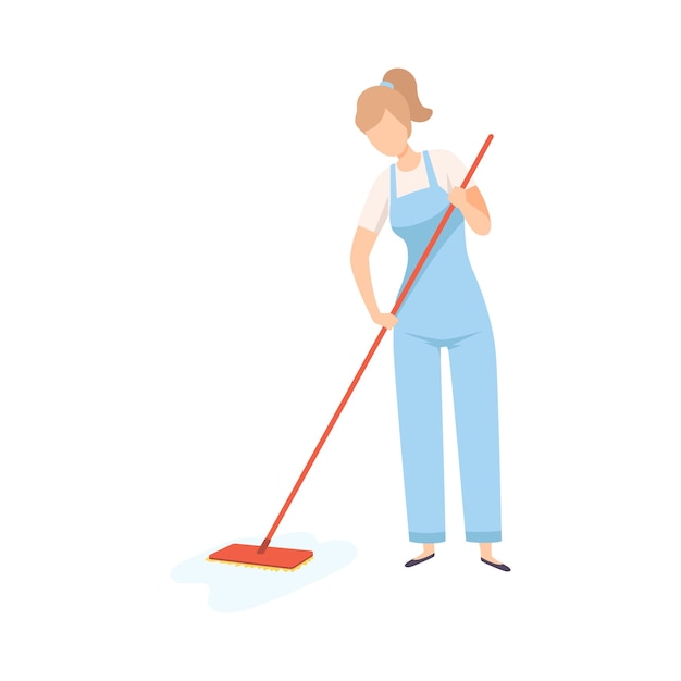 Female professional cleaner mopping the floor cleaning company staff character dressed in uniform