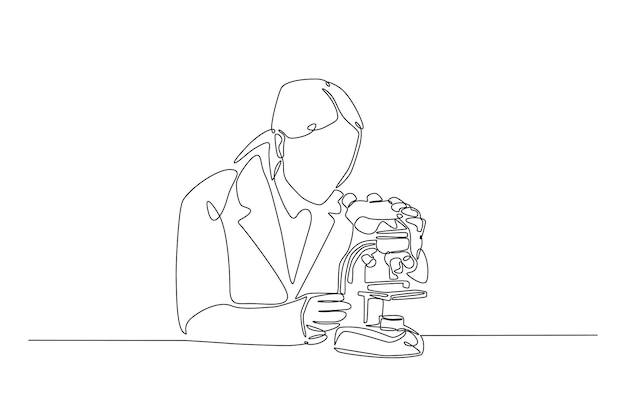 female scientist working using microscope in continuous one line drawing