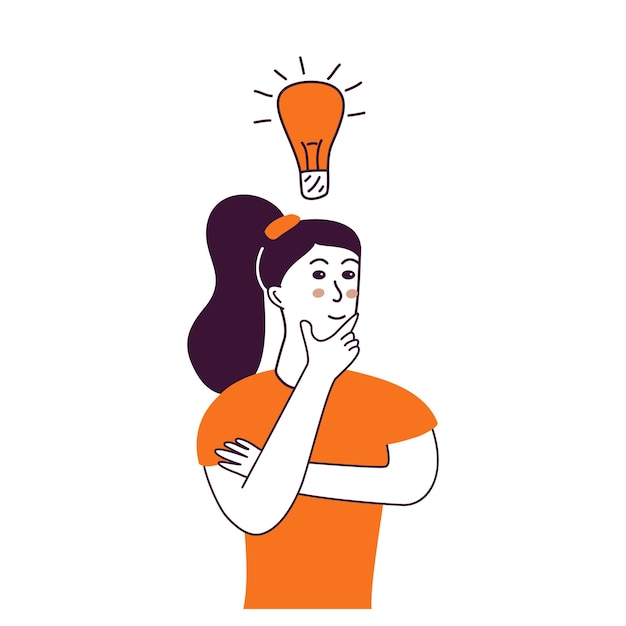 female trying to find a solution woman points light bulb over her brainstorming generating new idea