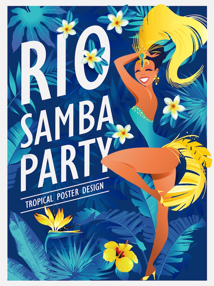 Vektör festival kostümü içinde samba dans eden güzel brezilyalı kız